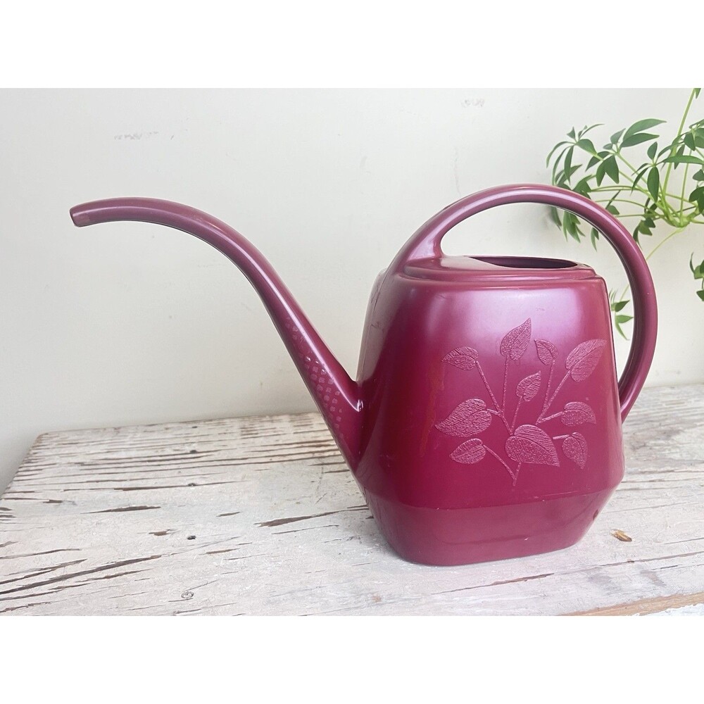 Vintage Garden Scene Burgundy Plastic 1.5 Quart Retro Watering Can Garden Plants